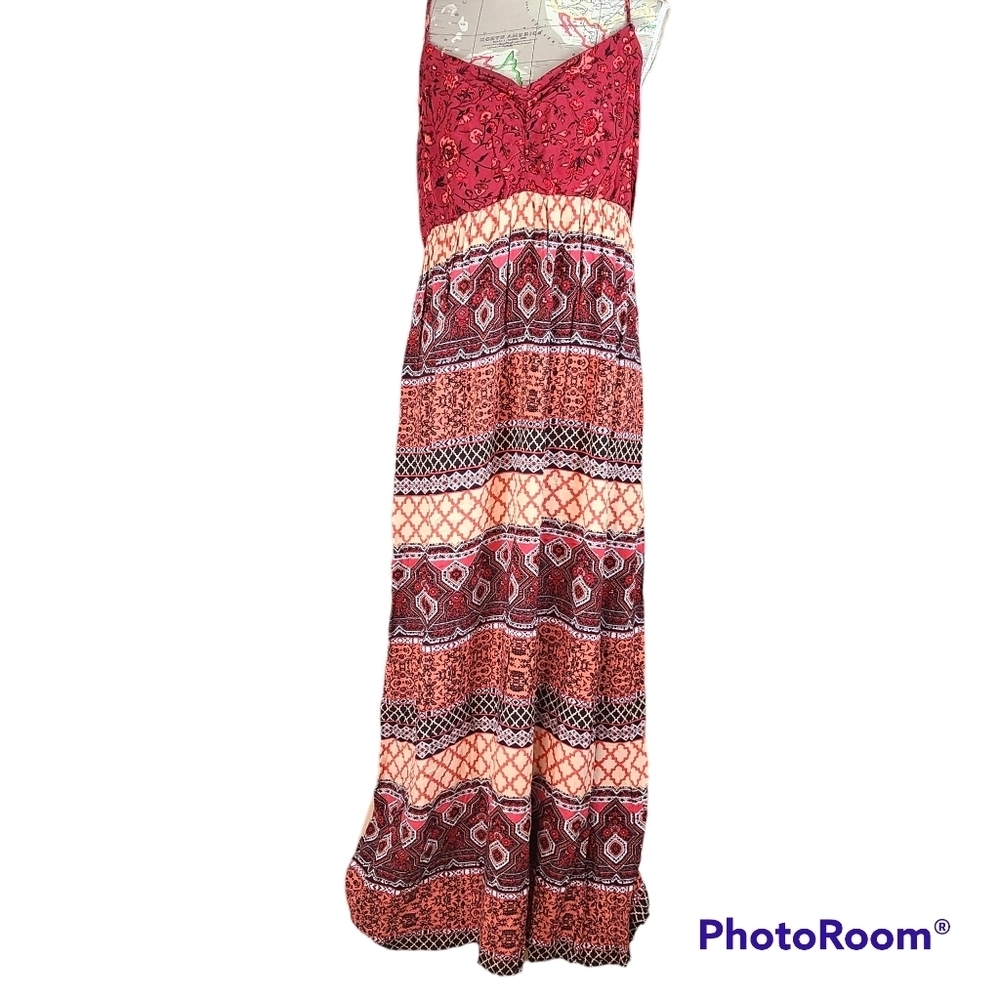 FOREVER21+ SIZE 2X SPAGHETTI STRAP‎ DARK RED MULTI-COLOR AZTEC MAXI DRESS